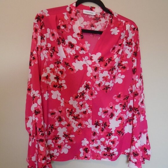 CALVIN KLEIN FLORAL PATTERN LONG SLEEVED LADIES BLOUSE SIZE MED - Picture 1 of 5